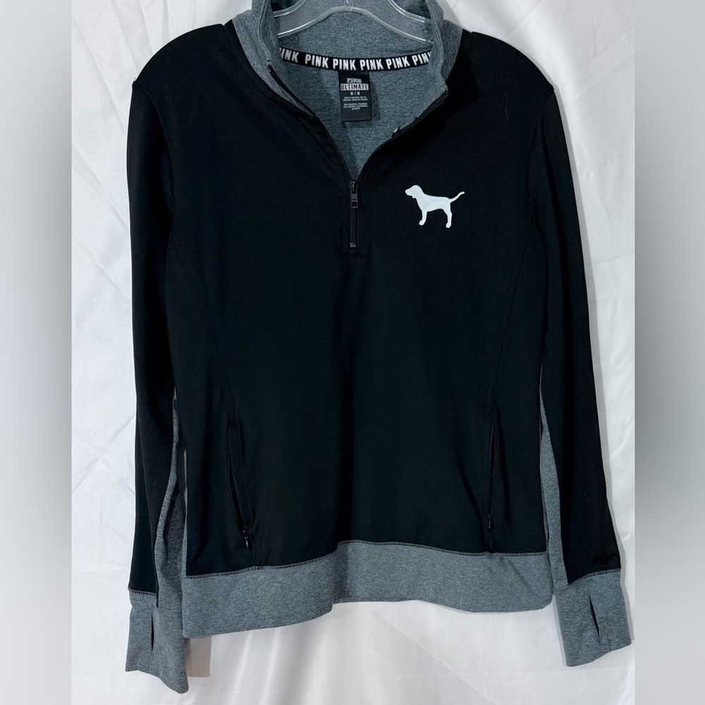 PINK VS Ultimate 1/4 Zip Pullover In Black/Grey With Pockets And Neon Accents